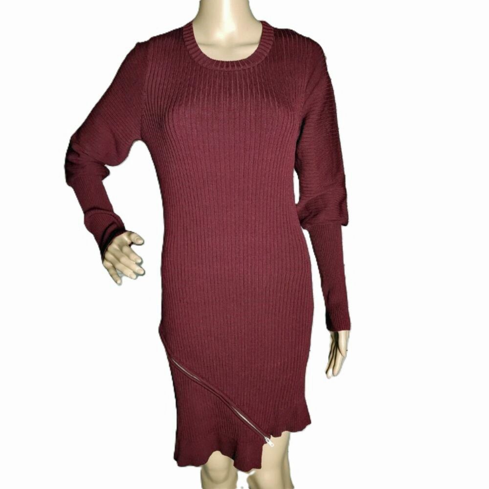 Central Park West Burgundy Ribbed Sweater Dress Asymmetric Zipper Mini - Large